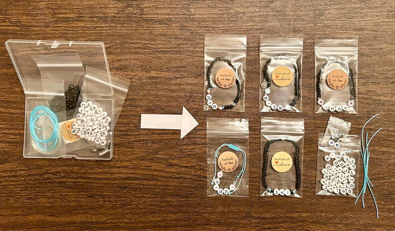 DIY Hebrew letter bracelet making kit by Pretty Beans with seed beads, silver charms, and jewelry tools for crafting personalized bracelets.