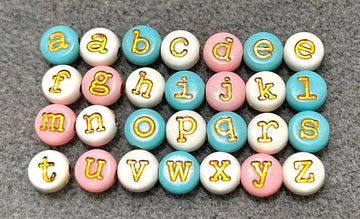 Lowercase gold alphabet beads featuring 7mm typewriter font, ideal for jewelry making and craft projects.