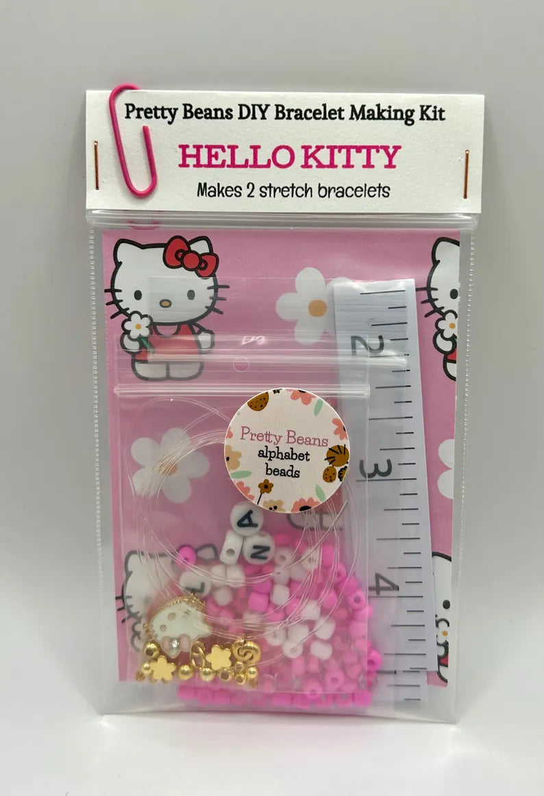 DIY Hello Kitty stretch bracelet making kit by Pretty Beans, featuring colorful beads and elastic for creating fun jewelry pieces.